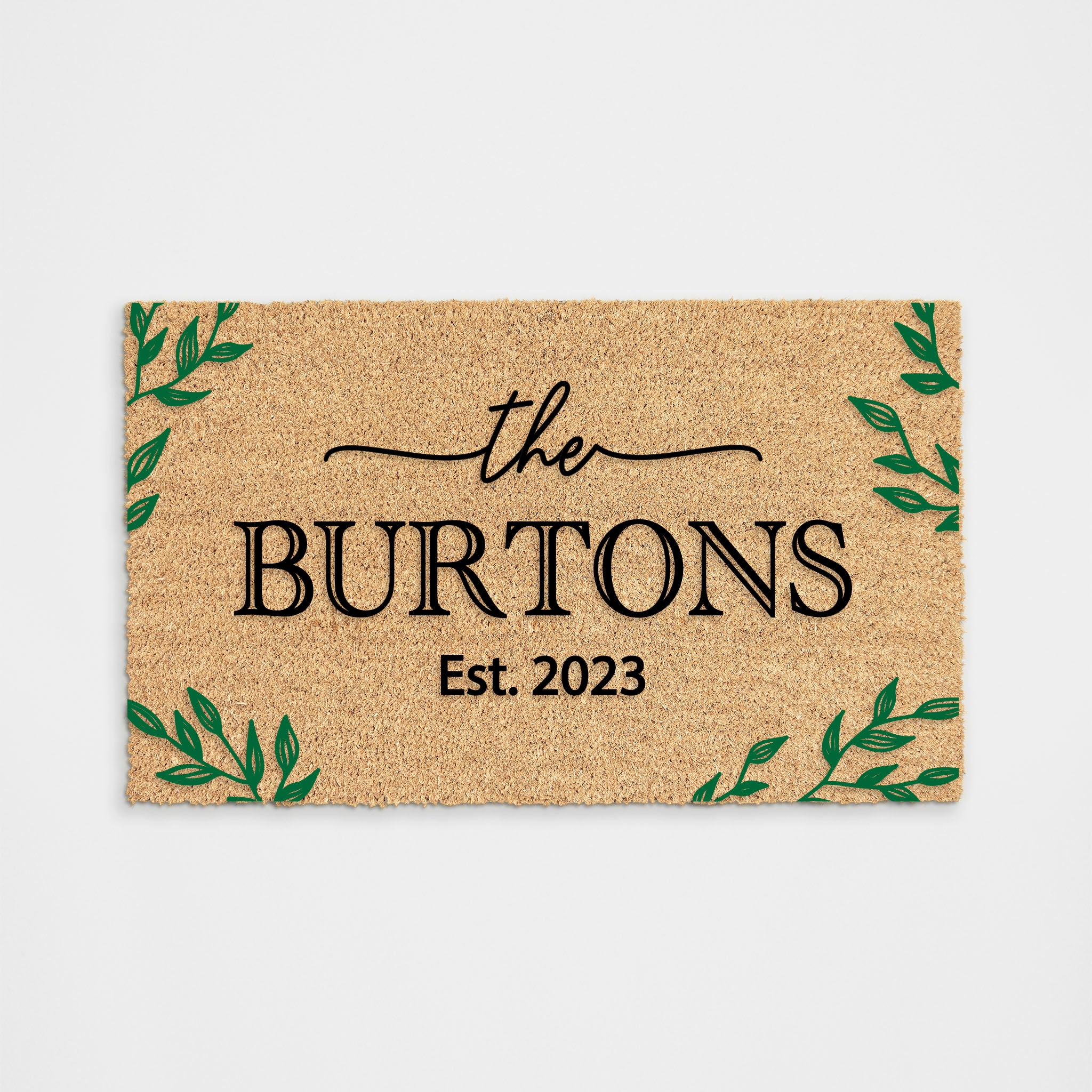 Personalized Name Est with Green Leaf Doormat Doormat DeCoir