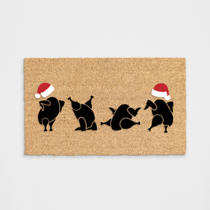 
            
                Load image into Gallery viewer, Funny Thanksgiving Dancing Turkeys with Red Hats Doormat
            
        