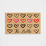 Personalized Red + Pink Row of Hearts Doormat