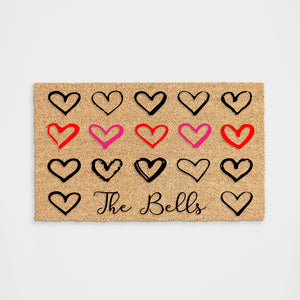 Personalized Red + Pink Row of Hearts Doormat